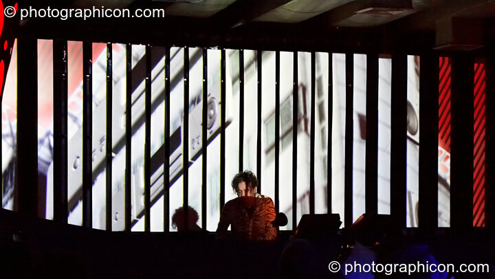 Gaudi (Interchill Records / 6 Degrees) performs in the Future Funk Room with a backdrop bar-screen visual installation by Inside Solutions at Future Music. London, United Kingdom. © 2008 Photographicon