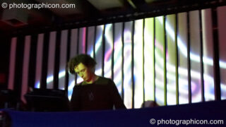Phidelity (Native State Records, US) DJs in the Future Funk Room with a backdrop bar-screen visual installation by Inside Solutions at Future Music. London, United Kingdom. © 2008 Photographicon
