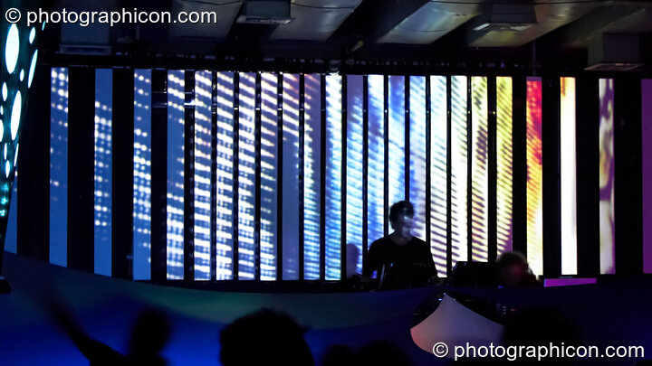 Atomic Drop (Liquid Records) perform in the Future Funk Room with a backdrop bar-screen visual installation by Inside Solutions at Future Music. London, United Kingdom. © 2008 Photographicon