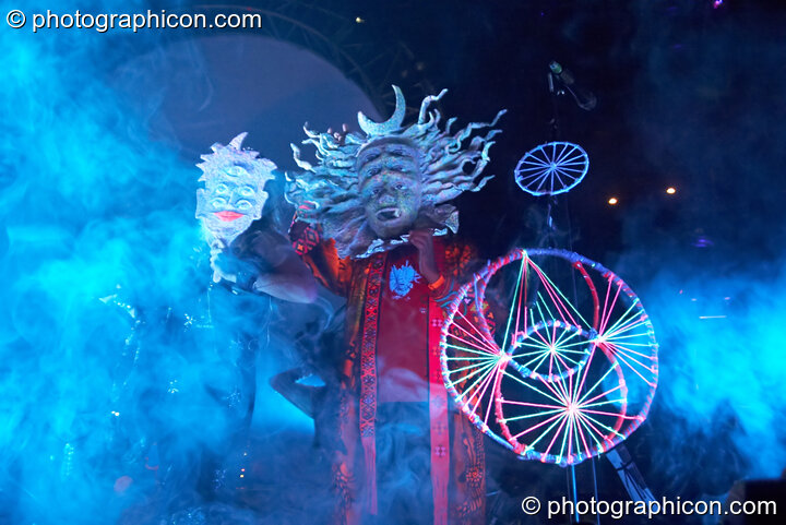Michele Adamson and Raja Ram enter the stage wearing Shpongle masks at Shpongle Live in Concert. London, United Kingdom. © 2008 Photographicon