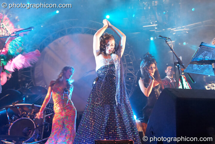 Abigail Gorton performs a prayer dance flanked by Michele Adamson, Serena, and Simon Posford at Shpongle Live in Concert. London, United Kingdom. © 2008 Photographicon