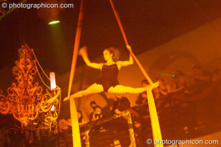 Fluorotrash perform aerial silk acrobatics on the Skandalous! stage at Electric Circus / Circus2Gaza. London, United Kingdom. © 2009 Photographicon