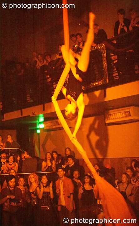 Fluorotrash perform aerial silk acrobatics on the Skandalous! stage at Electric Circus / Circus2Gaza. London, United Kingdom. © 2009 Photographicon