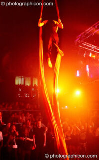 Fluorotrash perform aerial silk acrobatics on the Skandalous! stage at Electric Circus / Circus2Gaza. London, United Kingdom. © 2009 Photographicon
