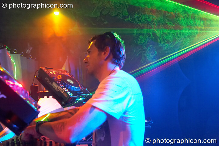 Edoardo (Neurobiotic Records)  DJs in the Psytrance room at the Haiti Appeal Party 09/04/2010. London, United Kingdom. © 2010 Photographicon