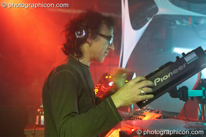 Merv Pepler of Eat Static (Mesmobeat/Interchill) DJs in the WorldBeat room at the Haiti Appeal Party 09/04/2010. London, United Kingdom. © 2010 Photographicon