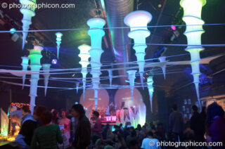 Hanging decor and Inside-Us-All projections in the IDspiral space at the Synergy Project. London, United Kingdom. © 2005 Photographicon
