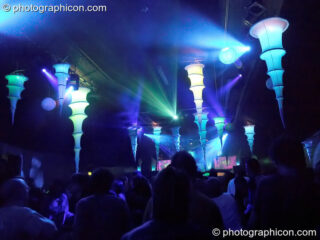 Large hanging IDspiral decorations bathed in blue light at The Synergy Project. London, United Kingdom. © 2005 Photographicon