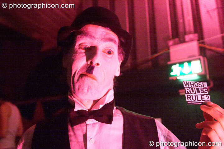 Chalie Chaplin asks 'whose rules rule?' at The Synergy Project. London, United Kingdom. © 2006 Photographicon