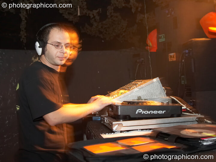DJing on the Psycle stage at The Synergy Project. London, United Kingdom. © 2006 Photographicon