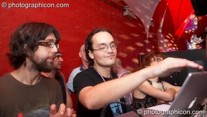 Calve and Pesh of Pixel Addicts at the VJ controls in the Ecoshelter / Archangel Breaks / Nu-School Hippies room at The Synergy Project. London, United Kingdom. © 2007 Photographicon