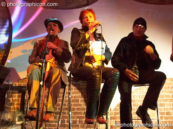 The "1968 Street Fighting Year" panel debate in the Inspiration Hall at The Synergy Project. From left to right: Jeff Dexter (organiser of the 1960's Middle Earth Club), Karen Moller (author of Technicolor Dreamin': The 1960's Rainbow and Beyond), John Fenton (1970's musician & producer). London, United Kingdom. © 2008 Photographicon