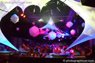 Hanging decor by Fluffy Mafia in the Furthur Project room at Luminopolis (formerly The Synergy Project). London, United Kingdom. © 2008 Photographicon