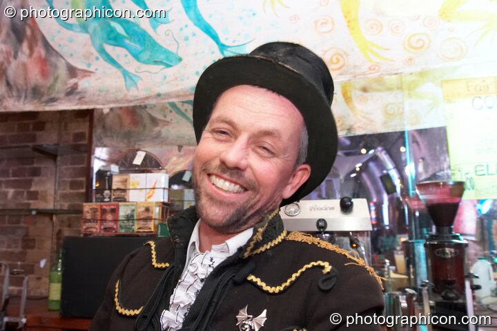 Sunbird smiles behind the Eartheart Cafe in the Inspiration Hall at Luminopolis (formerly The Synergy Project). London, United Kingdom. © 2008 Photographicon