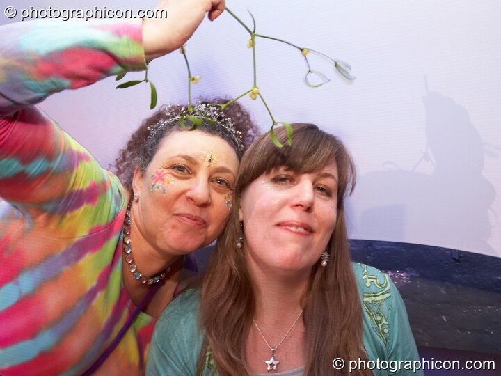 Brianne's birthday mistletoe invite in the Blood Tribe Records room at Luminopolis (formerly The Synergy Project). London, United Kingdom. © 2008 Photographicon