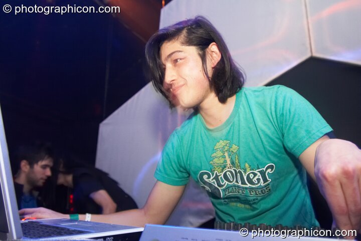 Screenager (Blood Tribe Records) performs in the Blood Tribe Records room with a backdrop visual installation by Inside Solutions at Luminopolis (formerly The Synergy Project). London, United Kingdom. © 2008 Photographicon