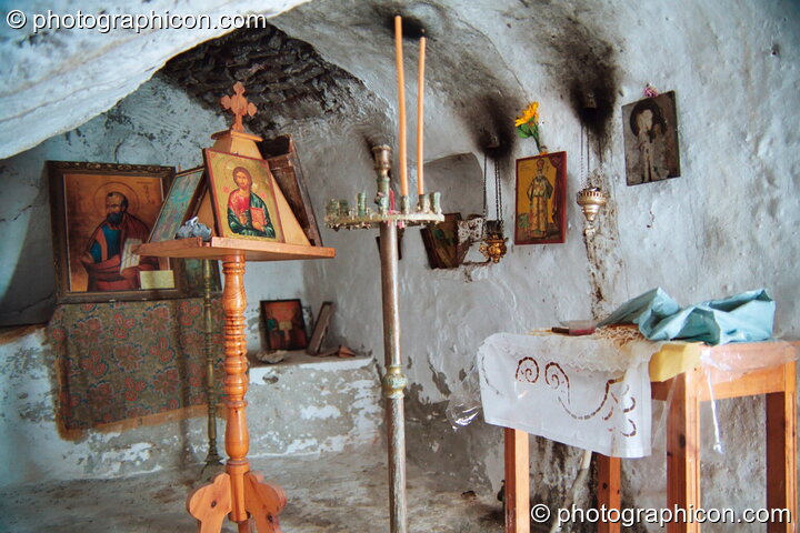 Interior of a chapel built into the hill side at Agios Pavlos. Agios Pavlos, Greece. © 2002 Photographicon