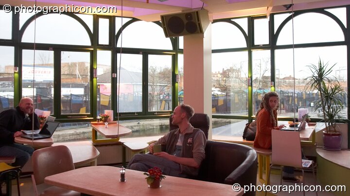 A view of Regent's Canal through the windows of the inSpiral Lounge organic cafe and multimedia venue. London, United Kingdom. © 2008 Photographicon