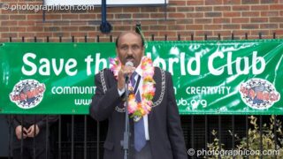 Councillor Yogan Yoganathan (The Worshipful Mayor of the Royal Borough of Kingston upon Thames ) at the opening of Save The World Club's Hundertwasser mosaic. Kingston Upon Thames, United Kingdom. © 2005 Photographicon