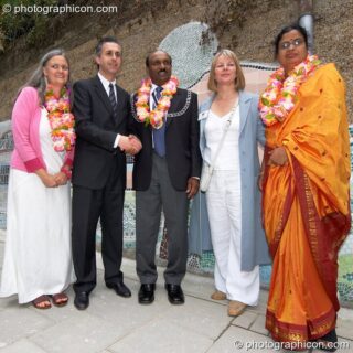 The opening of Save The World Club's Hundertwasser mosaic. Left to Right: Bernadette Vallely, Ian Dobie (Managing Director of St George Plc), His Worshipfulness The Mayor of Kingston, Karen Parry, The Lady Mayoress. Kingston Upon Thames, United Kingdom. © 2005 Photographicon