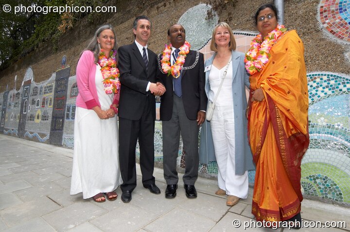 The opening of Save The World Club's Hundertwasser mosaic. Left to Right: Bernadette Vallely, Ian Dobie (Managing Director of St George Plc), His Worshipfulness The Mayor of Kingston, Karen Parry, The Lady Mayoress. Kingston Upon Thames, United Kingdom. © 2005 Photographicon