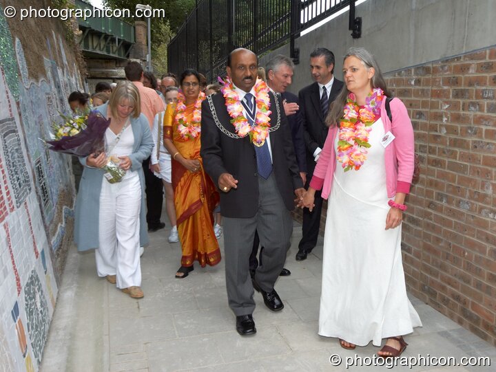 Councillor Yogan Yoganathan (The Worshipful Mayor of the Royal Borough of Kingston upon Thames) and Bernadette Vallely at the opening of Save The World Club's Hundertwasser mosaic. Kingston Upon Thames, United Kingdom. © 2005 Photographicon